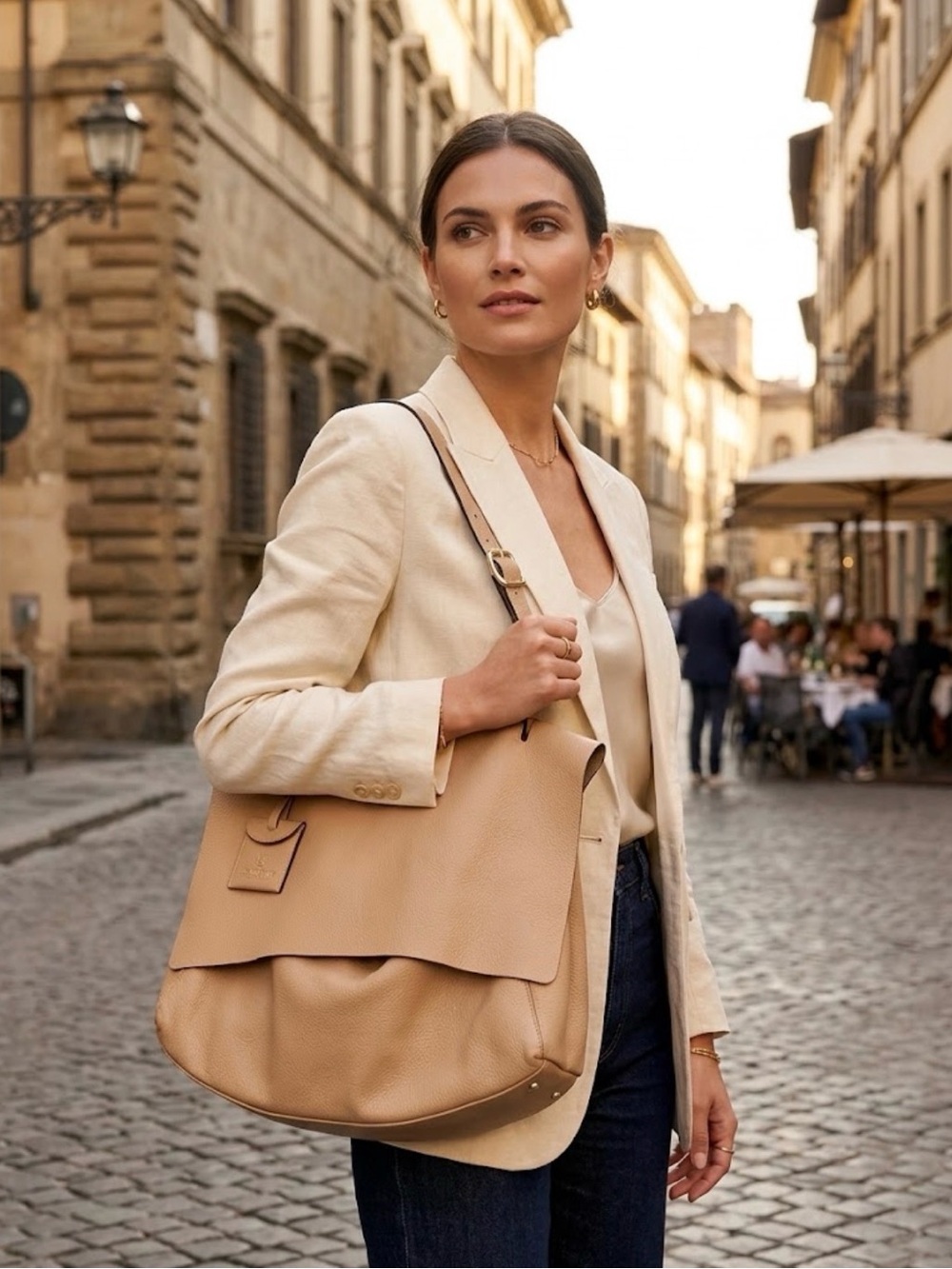 Soft Pebble-Leather Shoulder Bag in Tan